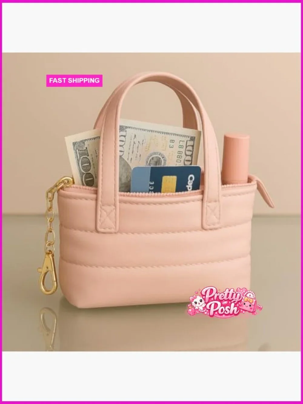 Mini Puffer Tote Bag Keychain with Gold Heart Charm, Quilted Polyester